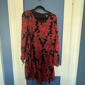 Tommy Hilfiger EUC Size 14 Knee-Length Dress Lined Red Black Floral Tie Waist